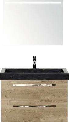 Produktbild von Sanox Badmöbel-Set Seville BxHxT 81 x 170 x 45,5 cm Frontfarbe eiche natur mit Waschtisch Naturstein schwarz, Waschtisch