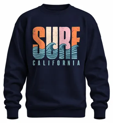 Zdjęcie produktu dla Bluza z nadrukiem "Surf California", motyw: fale, morze, plaża, lato, wakacje, surfing, styl lat 80., kolor granatowy, rozmiar XL