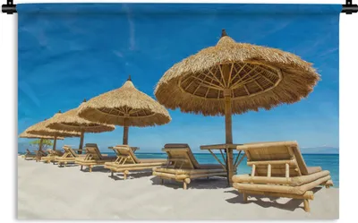 Produktbild von MuchoWow® Wandteppich Wandbehang Strandkorb - Strand - Sonnenschirm - Meer - Sommer 90x60 cm Tapisserie Dekoration Wandtuch - Wandskulpturen - Bildteppich