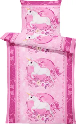 Produktbild von Kinderbettwäsche 135x200 cm Einhorn Unicorn Pferde rosa pink Blumen Microfaser