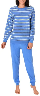 Produktbild von Kuscheliger Frottee Pyjama für Damen mit Bündchen und geringelten Oberteil - 291 13 772 ; hellblau , 48/50