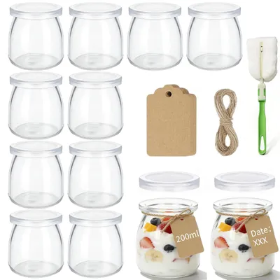 Image de 12 verres à yaourt transparents avec couvercle - Verres à dessert réutilisables
