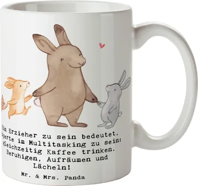 Produktbild von Mr. & Mrs. Panda Teetasse Multitasking Erzieher - Weiß - Geschenk, Liebe, Pott, Tasse, Berufsliebe, Dankeschön, aufräumen, Kaffeetasse, handgefertigte Geschenke, Beruf