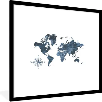 Produktbild von MuchoWow® MuchoWow® Gerahmtes Poster Weltkarte - Blau - Kompass 40x40 cm - Poster mit zchwarzem Bilderrahmen - Poster - Plakat im Rahmen