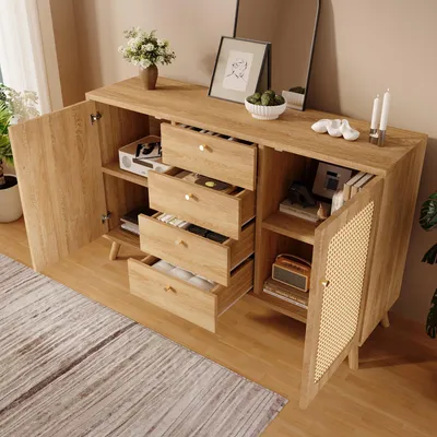 Image de OKWISH Buffet Avec 4 Tiroirs et 2 Portes, Étagères Réglables, Meuble de RangementReproduction Cannage, Design Élégant - Chêne Clair