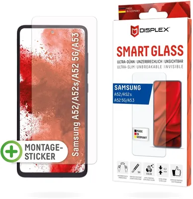 Produktbild von Displex Smart Glass (9H) für Samsung Galaxy A52/A52(s) 5G/A53 5G, Montagesticker, unzerbrechlich, ultra-dünn, unsichtbar, Samsung, A52/A52s/A53, Trockene Anwendung, Schlagfest, Kratzresistent, Staubresistent, Transparent, 1 Stück(e)