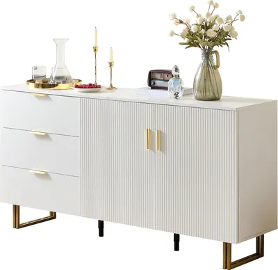 Productafbeelding van Moonbite dressoir, 160 × 40 × 81,5 cm, met 2 deuren en 3 lades. Dressoir met goudkleurige handgrepen en stalen poten. Eetkamerkast, gemaakt van MDF-plaat, wit