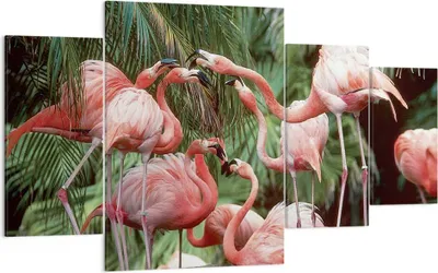 Produktbild von Bild auf Leinwand - Leinwandbild - 4 Teile - Palmen Herde Flamingos - 160x90cm - Wand Bild - Wanddeko - Wandbilder - Leinwanddruck - Bilder - Wanddekoration - Leinwand bilder - DL160x90-4804