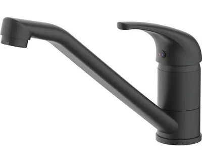 A black kitchen faucet shown from a side angle against a white background.