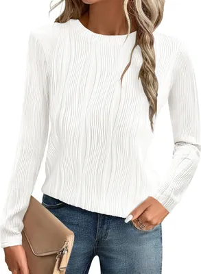 Produktbild von ASKSA Damen T-Shirt Rundhals Plissee Langarmshirts Basic Einfarbig Laessig Casual Bluse Elegant Oberteile (Weiss,XL)