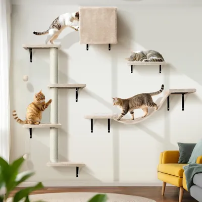 Produktbild von Katzenklimwand 10-teilig - Stabiles Katzenmöbel - Krabbäume - Hängematte - Katzenliege - Plüschstoff