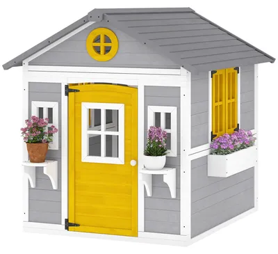 Produktbild von Outsunny Spielhaus Kinderspielhaus aus Holz mit Tür 6 Fenster 2 Blumenkästen