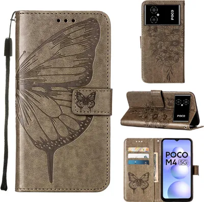 Produktbild von Xiaomi Poco M4 5G Hülle, Schmetterling Prägung Flip Leder Kartenfächer Schutzhülle Ledertasche mit Ständer für Xiaomi Poco M4 5G / Poco M5 5G Grau