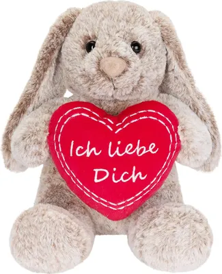 A plush bunny holding a red heart with text.