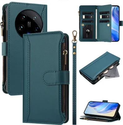 Produktbild von Handyhülle für Xiaomi 14 Ultra Reißverschluss Geldbörse Kunstleder Klapphülle mit Kartensteckplatz, Ständer, Handschlaufe Grün