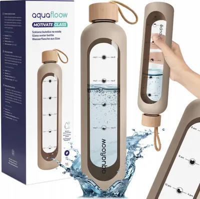 A collage of images showcasing a glass water bottle with a motivational design and a silicone sleeve, along with its packaging.