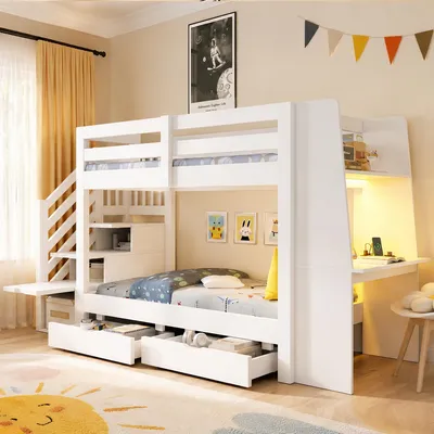 Produktbild von Merax Etagenbett 90x200cm mit Schreibtisch, Kinderbett mit Schubladen und LED-Beleuchtung, Jugendbett mit Steckdose und Stauraumtreppe, Holz + Weiß