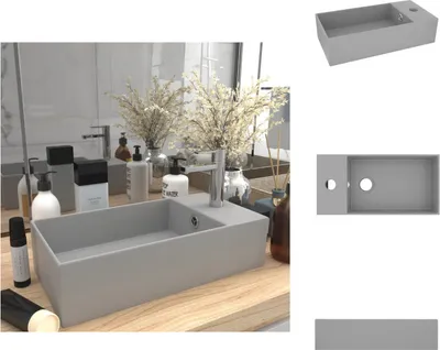 Zdjęcie produktu dla vidaXL Umywalka łazienkowa z przelewem ceramiczna jasnoszara - Umywalka łazienkowa