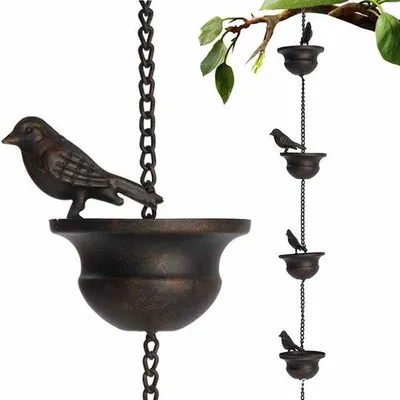 Obrázok produktu pre Reťaz na zachytávanie dažďovej vody – 80 cm – 6 vtáčikov – dekorácia na okap – kovová reťaz – zachytávač dažďovej vody – s háčikom – vhodná na okap, balkón a záhradu