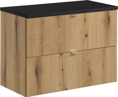 Zdjęcie produktu dla Szafka Łazienkowa 80 Cm Dąb Z Czarnym Blatem 2 Szuflady Nowoczesna