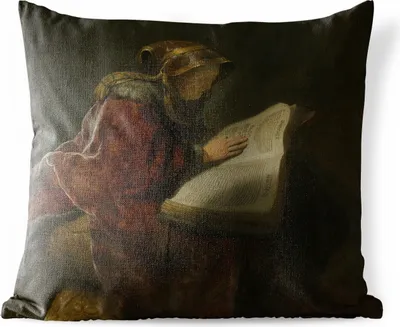 Produktbild von MuchoWow® Outdoor Kissen - Alte Frau beim Lesen, wahrscheinlich die Prophetin Hanna - Gemälde von Rembrandt van Rijn - 45x45 cm - Wetterfest - Lounge Kissen - Fotokissen - Dekoratives Kissen