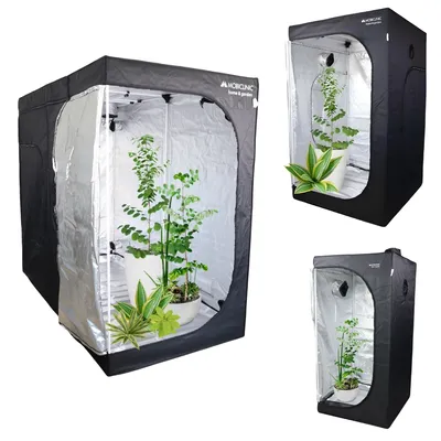 A collage of three images showing indoor grow tents with plants inside.