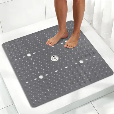 Zdjęcie produktu dla Mata pod prysznic antypoślizgowa, 70x70 cm, szara, wykonana z TPE, z otworem odpływowym