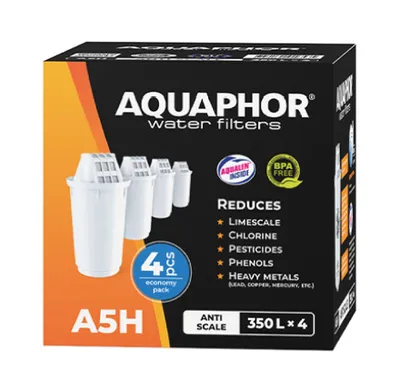 Produktbild von AQUAPHOR A5H Aqualen Wasserfilter-Kartusche Pack 3 +1  für hartes - kalkhaltiges Leitungswasser passend für Provence, Prestige, Atlant, Arctic und Smile Tischwasserfilter