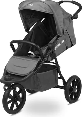 A gray and black stroller is shown against a white background.