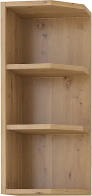 A corner shelf unit made of wood.