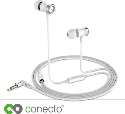 Produktbild von conecto In-Ear Kopfhörer / Earphones mit 3 Ohrpassstücken inkl. Mikrofon - 9.2mm Lautsprecher, dreifacher Kabel-Knickschutz, 1.2m Kabel (Aramid-verstärkt), Aluminium, 17.5g, weiß