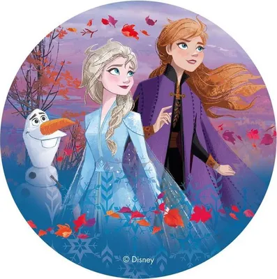 Zdjęcie produktu dla Jadalny topper na tort Disney Frozen II Elsa, Anna, Olaf Dekoracja tortu, średnica koła: 20 cm, motyw: Frozen nr 2