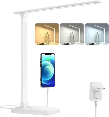 Produktbild von Lepro LED Schreibtischlampe 15W, Dimmbar Tischleuchte 655LM mit 3 Farbmodi & 5 Helligkeitsstufen, USB-Anschluss, Augenschutz Leselampe für Büro, Arbeitszimmer, Nachttisch & Lesen, Weiß