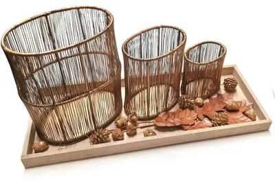 Herbstdeko-Set mit Kerzenhaltern, Holztablett, Gold, 45x18 cm