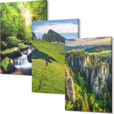 Produktbild von Leinwandbild – Wandbild – Leinwandbilder – Kunstdruck – Polycanvas – Modern – Mehrteilig – 3-Teilig Set – Hochwertig – Geruchslos – Lichtecht – Fertig Aufgespannt – 20x30 Cm Je Teil - Grüne Berglandschaften mit Wasserfall und Wald