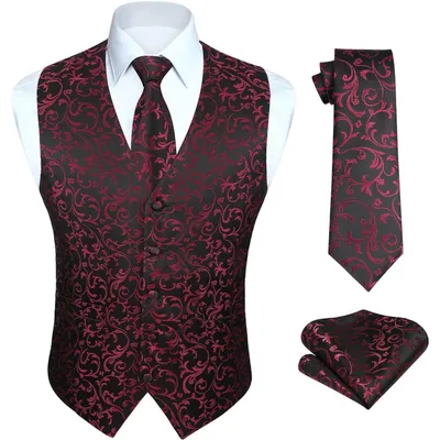 Productafbeelding van Herenset: Vest, das, zakdoek, jacquard, bloemenprint, zwart, rood, maat XL