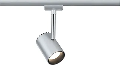A silver LED track light spotlight is shown against a white background.