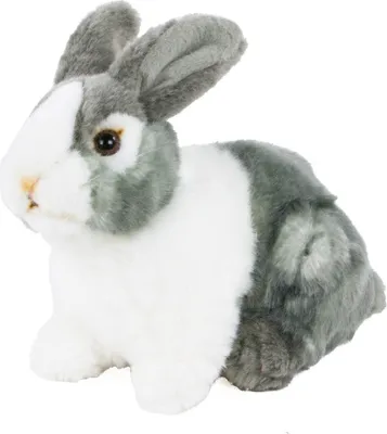 A plush toy rabbit is shown sitting against a white background.