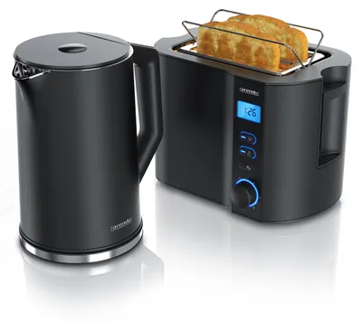 Produktbild von Arendo Frühstücks-Set, Wasserkocher ELEGANT 1,5 l 2000 W mit Temperaturwahl und 2-Scheiben-Toaster MANHA COMPACT 800 W, Edelstahl, LCD-Anzeige, Brötchenaufsatz, schwarz