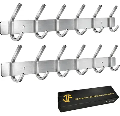 Productafbeelding van Wandgarderobe, kledinghaken van roestvrij staal, wandhaken voor slaapkamer, badkamer, keuken (6 haken, 2 stuks, zilver)