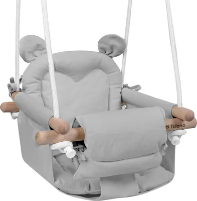 Produktbild von TULANO Hop 30 | Bär Babyschaukel Kinderschaukel | Indoor Outdoor | Sicherheitsgurt | Tragfähigkeit bis 60kg | von 6 bis 36 Monaten | aus Holz | Grau