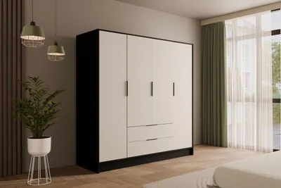 Produktbild von ALTDECOR  Kleiderschrank mit Flügeltüren, Garderobenschrank mit viel Stauraum, Vielseitiger Drehtürenschrank, Schrank KOLIN 200x200 cm Schwarz   Weiß