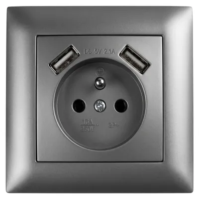 Productafbeelding van Enkele Geaarde Wandcontactdoos Toolight Jnh003-G + Frame + 2X Usb-A Grey