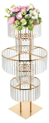 Image de Support pour vase de mariage en cristal - Support à fleurs sur pied - Hauteur 110 cm - Socle 30 x 30 cm - Fer - Doré