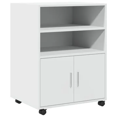 A white rolling cabinet with two doors and two open shelves.