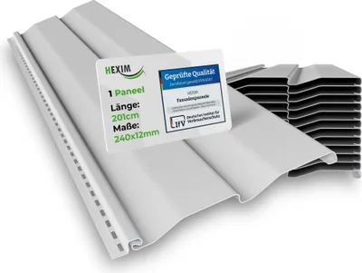 A white siding panel with a label showing product details and certifications.