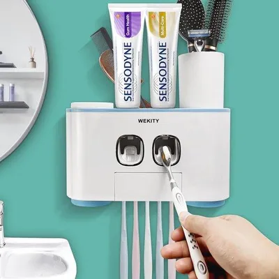 Produktbild von Famanu Zahnputzhalter Wand Zahncreme Spender-Set für Kinder und Erwachsene - 2 automatische Spender 5 Zahnbürstenplätze 4 Becher - ohne Bohren