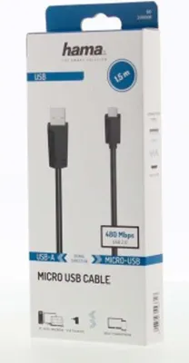 Obrázok produktu pre Hama 00200608, 1,5 m, Micro-USB A, USB A, USB 2.0, 0,48 Gbit/s, Čierna