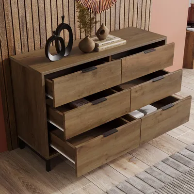 Produktbild von STILVORA Kommode mit 6 Schubladen,Sideboard Höhenverstellbar aus Premium-Material,Beistellschrank mit schwarzen Metallrahmen,Braun