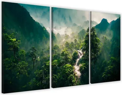 Produktbild von Großes Bild Wald Landschaft Berge Triptychon auf Leinwand 90x180cm
